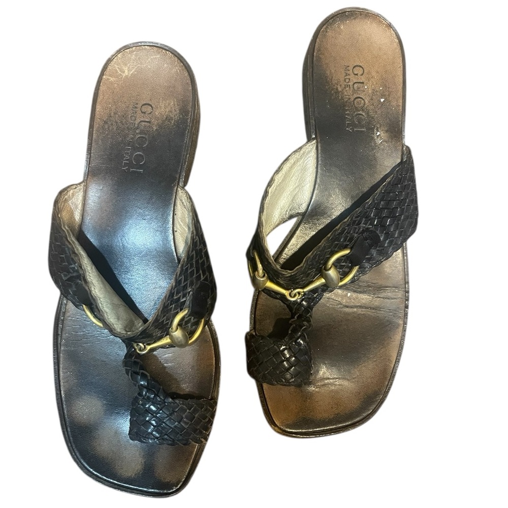 GUCCI Sandals Vintage Black Woven Leather Gold Horsebit Thong Sz 37